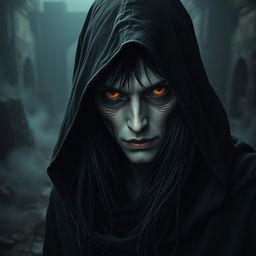 A dark semi-elf, embodying the characteristics of a undead lineage, wearing a flowing black hooded cloak that obscures much of its face