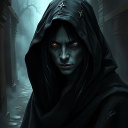 A dark semi-elf, embodying the characteristics of a undead lineage, wearing a flowing black hooded cloak that obscures much of its face