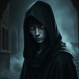 A dark semi-elf, embodying the characteristics of a undead lineage, wearing a flowing black hooded cloak that obscures much of its face