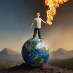 Transform the previous image to depict the young boy, still aflame with mystical fire, standing atop a miniature Earth, symbolic of him seizing control of the world.