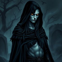 A full-body depiction of a dark semi-elf, representing an undead lineage, clad in a flowing black hooded cloak that drapes elegantly around its figure