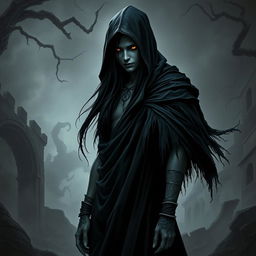 A full-body depiction of a dark semi-elf, representing an undead lineage, clad in a flowing black hooded cloak that drapes elegantly around its figure