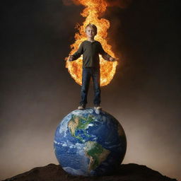 Transform the previous image to depict the young boy, still aflame with mystical fire, standing atop a miniature Earth, symbolic of him seizing control of the world.