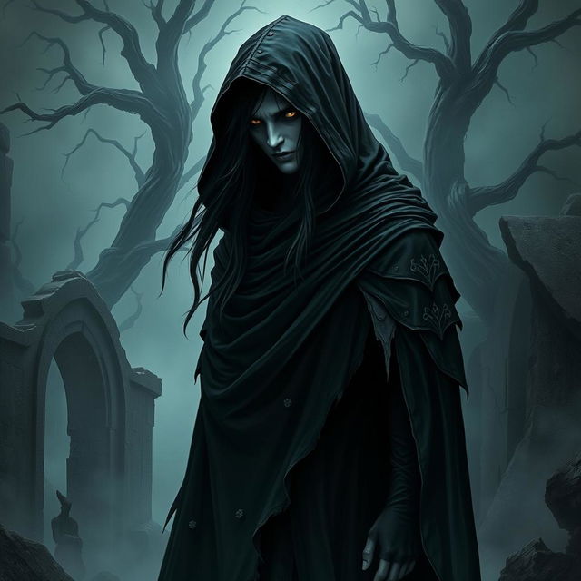 A full-body depiction of a dark semi-elf, representing an undead lineage, clad in a flowing black hooded cloak that drapes elegantly around its figure