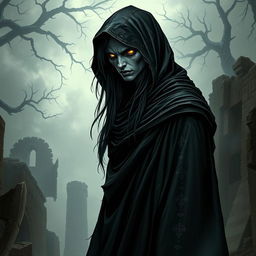 A full-body depiction of a dark semi-elf, representing an undead lineage, clad in a flowing black hooded cloak that drapes elegantly around its figure