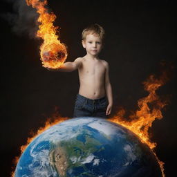 Transform the previous image to depict the young boy, still aflame with mystical fire, standing atop a miniature Earth, symbolic of him seizing control of the world.