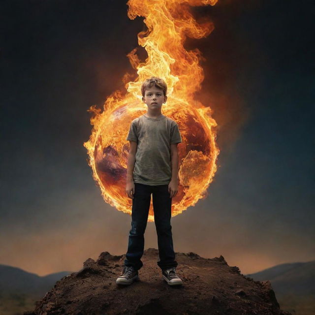 Transform the previous image to depict the young boy, still aflame with mystical fire, standing atop a miniature Earth, symbolic of him seizing control of the world.