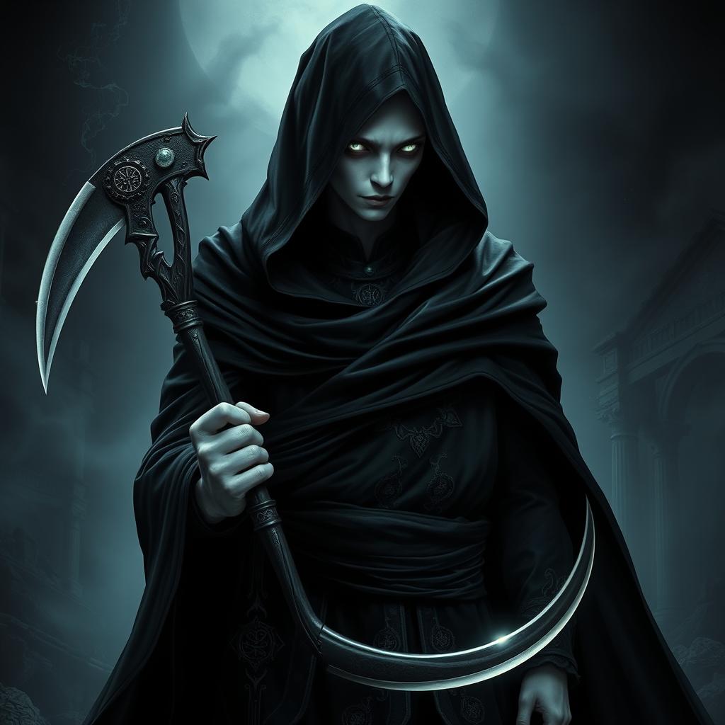 A full-body portrayal of a dark semi-elf sorcerer from an undead lineage