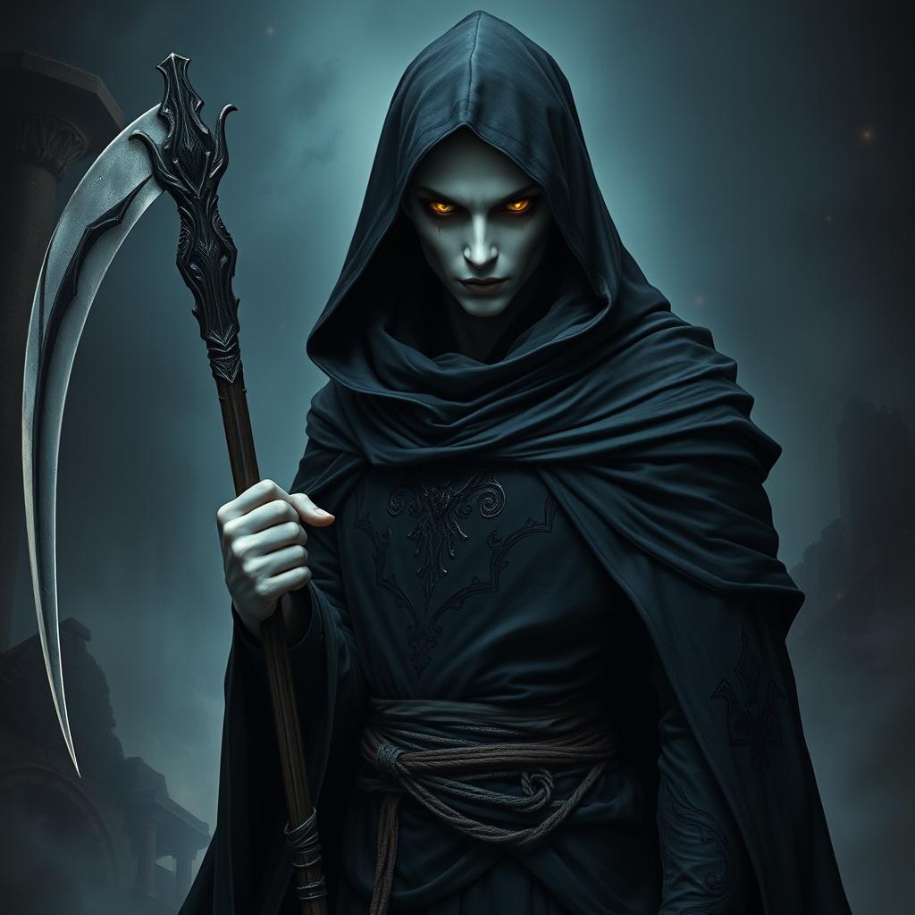 A full-body portrayal of a dark semi-elf sorcerer from an undead lineage