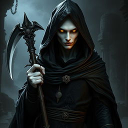 A full-body portrayal of a dark semi-elf sorcerer from an undead lineage