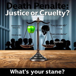 A thought-provoking poster titled 'Death Penalty: Justice or Cruelty?' featuring a blurred background of a prison or courtroom to set a tense atmosphere