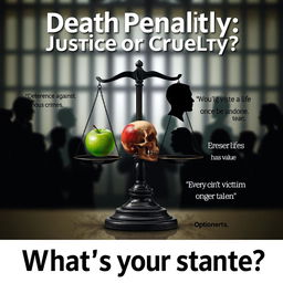 A thought-provoking poster titled 'Death Penalty: Justice or Cruelty?' featuring a blurred background of a prison or courtroom to set a tense atmosphere