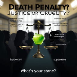 A thought-provoking poster titled 'Death Penalty: Justice or Cruelty?' featuring a blurred background of a prison or courtroom to set a tense atmosphere