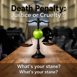 A thought-provoking poster titled 'Death Penalty: Justice or Cruelty?' featuring a blurred background of a prison or courtroom to set a tense atmosphere