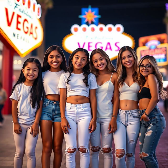 Five Latina siblings standing next to each other in vibrant Las Vegas: the youngest is a joyful 9-year-old girl with long black hair, dressed in leggings and a classic white t-shirt, radiating happiness