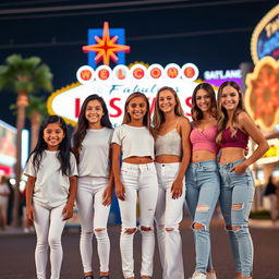 Five Latina siblings standing next to each other in vibrant Las Vegas: the youngest is a joyful 9-year-old girl with long black hair, dressed in leggings and a classic white t-shirt, radiating happiness