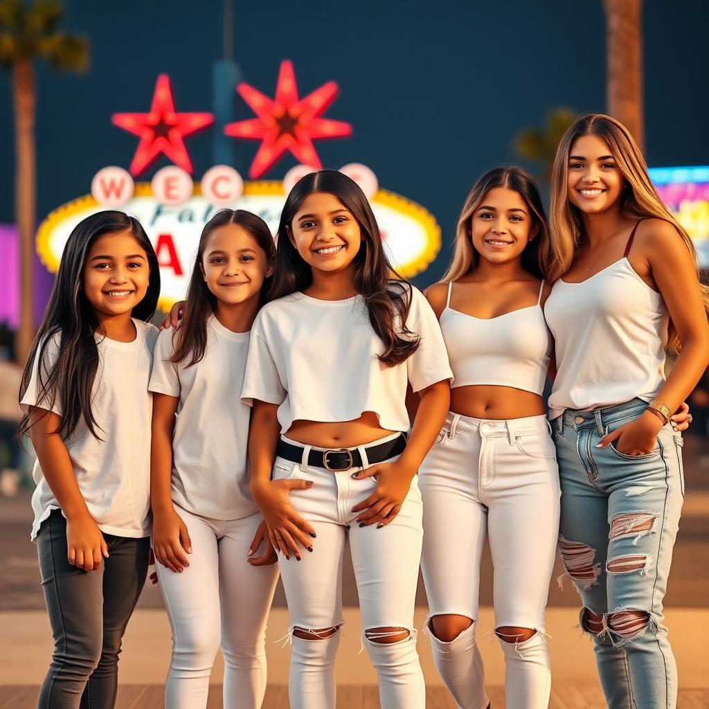 Five Latina siblings standing together in vibrant Las Vegas, each showcasing their individuality: the youngest is a cheerful 9-year-old girl with long black hair, dressed in comfortable leggings and a classic white t-shirt, embodying youthful joy