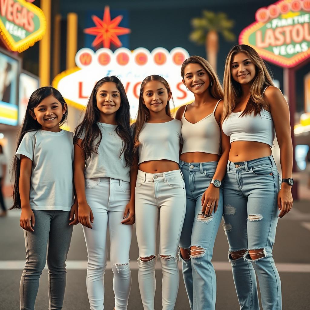 Five Latina siblings standing together in vibrant Las Vegas, each showcasing their individuality: the youngest is a cheerful 9-year-old girl with long black hair, dressed in comfortable leggings and a classic white t-shirt, embodying youthful joy