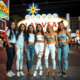 Five Latina siblings standing together in a lively Las Vegas setting, each showcasing their unique style: the first sibling has long black hair and wears comfortable leggings paired with a classic white t-shirt