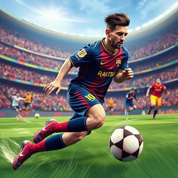 A stylized digital artwork of a dynamic football scene featuring Lionel Messi dribbling a soccer ball, showcasing his incredible agility and skill on the field