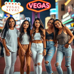 Five Latina siblings standing together in a lively Las Vegas setting, each showcasing their unique style: the first sibling has long black hair and wears comfortable leggings paired with a classic white t-shirt