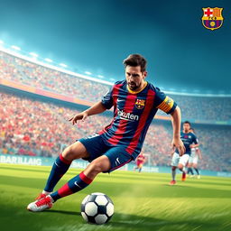 A stylized digital artwork of a dynamic football scene featuring Lionel Messi dribbling a soccer ball, showcasing his incredible agility and skill on the field