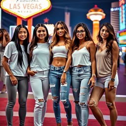 Five Latina siblings standing together in a lively Las Vegas setting, each showcasing their unique style: the first sibling has long black hair and wears comfortable leggings paired with a classic white t-shirt