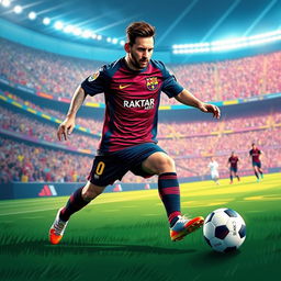 A stylized digital artwork of a dynamic football scene featuring Lionel Messi dribbling a soccer ball, showcasing his incredible agility and skill on the field