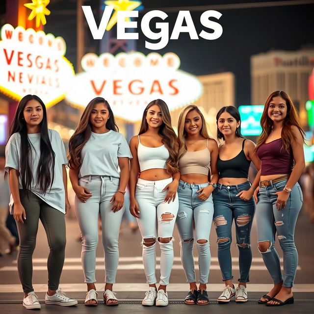 Five Latina siblings standing together in a lively Las Vegas setting, each showcasing their unique style: the first sibling has long black hair and wears comfortable leggings paired with a classic white t-shirt