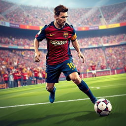 A stylized digital artwork of a dynamic football scene featuring Lionel Messi dribbling a soccer ball, showcasing his incredible agility and skill on the field