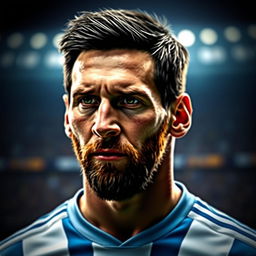 A portrait of Lionel Messi, showcasing his signature features such as his short dark hair and beard