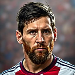 A portrait of Lionel Messi, showcasing his signature features such as his short dark hair and beard