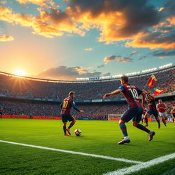 A stunning, vibrant scene capturing a soccer match in a world-class stadium filled with enthusiastic fans, featuring Lionel Messi skillfully dribbling the ball past defenders