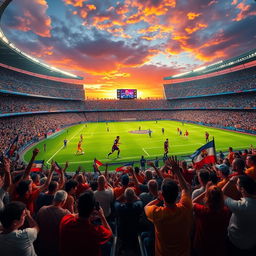 A stunning, vibrant scene capturing a soccer match in a world-class stadium filled with enthusiastic fans, featuring Lionel Messi skillfully dribbling the ball past defenders