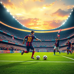 A stunning, vibrant scene capturing a soccer match in a world-class stadium filled with enthusiastic fans, featuring Lionel Messi skillfully dribbling the ball past defenders