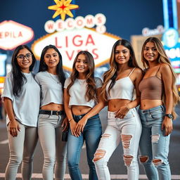 Five Latina siblings standing next to each other in a lively Las Vegas setting, each showcasing their unique style and accessories: one sibling has long black hair, wearing comfortable leggings paired with a classic white t-shirt, and stylish glasses