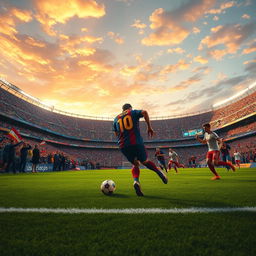 A stunning, vibrant scene capturing a soccer match in a world-class stadium filled with enthusiastic fans, featuring Lionel Messi skillfully dribbling the ball past defenders