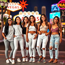 Five Latina siblings standing next to each other in a lively Las Vegas setting, each showcasing their unique style and accessories: one sibling has long black hair, wearing comfortable leggings paired with a classic white t-shirt, and stylish glasses