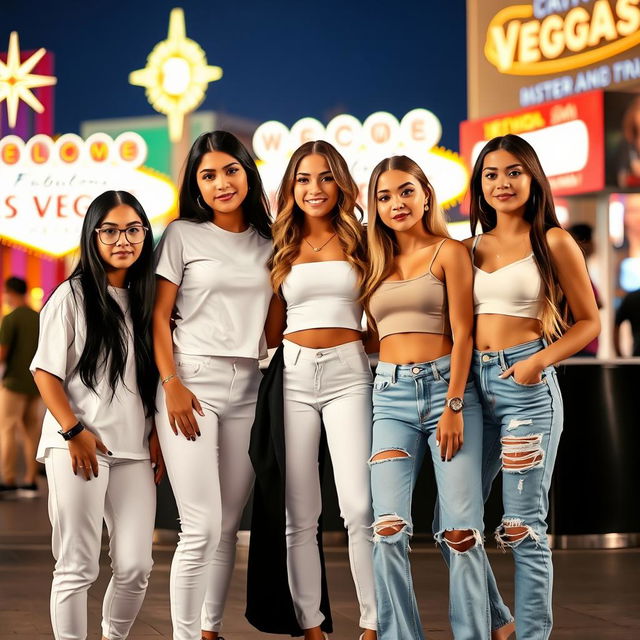 Five Latina siblings standing next to each other in a lively Las Vegas setting, each showcasing their unique style and accessories: one sibling has long black hair, wearing comfortable leggings paired with a classic white t-shirt, and stylish glasses