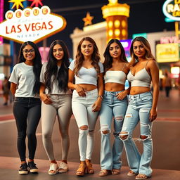 Five Latina siblings standing next to each other in a lively Las Vegas setting, each showcasing their unique style and accessories: one sibling has long black hair, wearing comfortable leggings paired with a classic white t-shirt, and stylish glasses