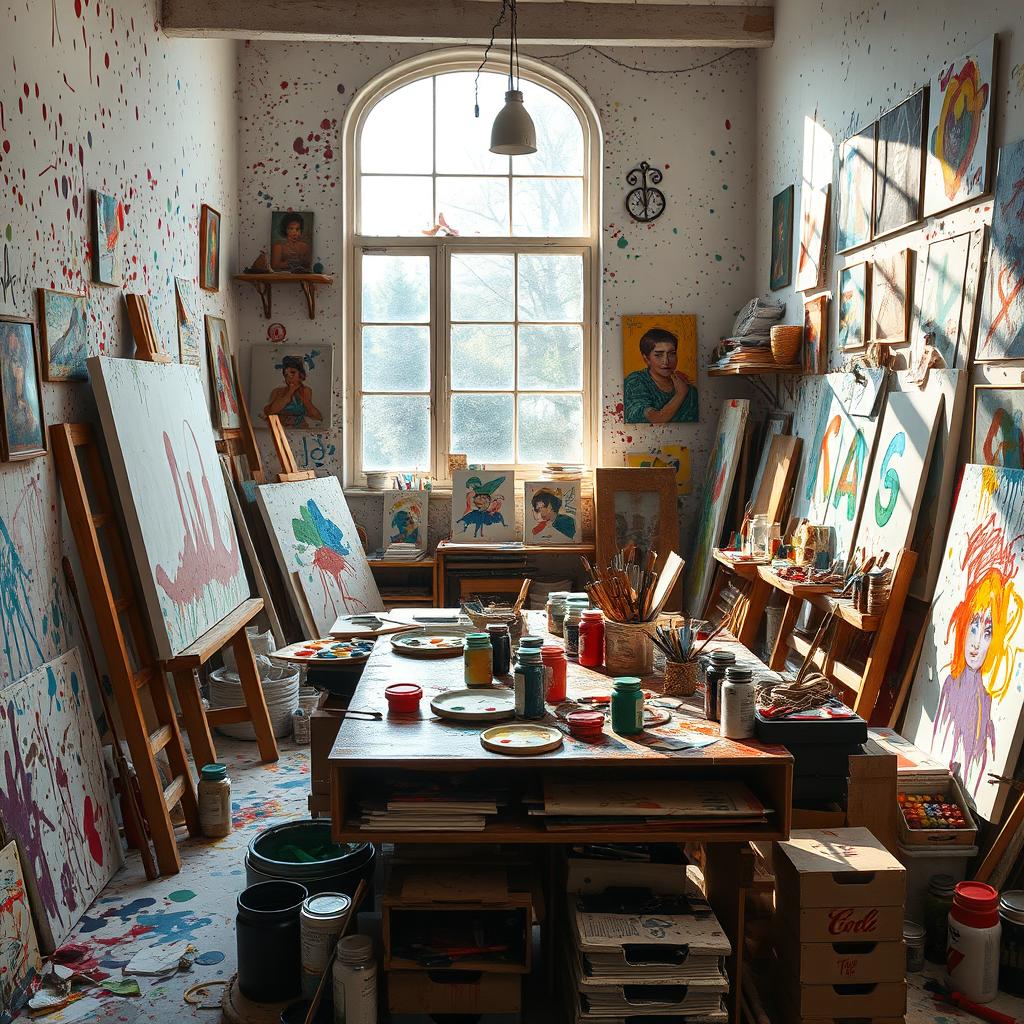 A beautiful and chaotic scene depicting a vibrant artist's studio, filled with colorful paint splatters all over the walls and floor