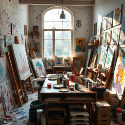 A beautiful and chaotic scene depicting a vibrant artist's studio, filled with colorful paint splatters all over the walls and floor