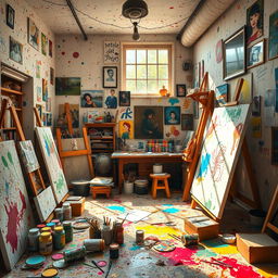 A beautiful and chaotic scene depicting a vibrant artist's studio, filled with colorful paint splatters all over the walls and floor