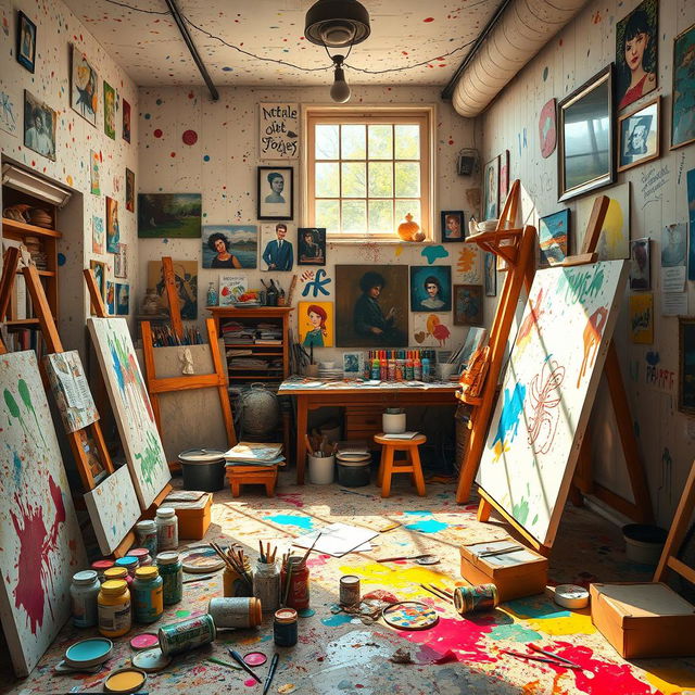 A beautiful and chaotic scene depicting a vibrant artist's studio, filled with colorful paint splatters all over the walls and floor