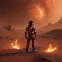 Alter the scene to portray the boy, still swirling with flames, now exploring Mars' red landscape. He is face to face with a friendly, alien creature, creating a sense of unpredictable adventure.