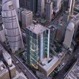 An aerial view of a SWAT premises situated in a bustling central business district, showing its strategic placement amidst skyscrapers and busy streets.