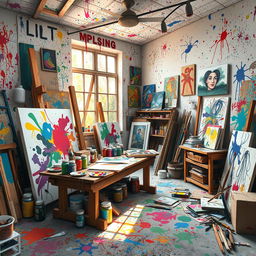 A beautiful and chaotic scene depicting a vibrant artist's studio, filled with colorful paint splatters all over the walls and floor