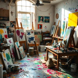 A beautiful and chaotic scene depicting a vibrant artist's studio, filled with colorful paint splatters all over the walls and floor