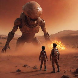 Alter the scene to portray the boy, still swirling with flames, now exploring Mars' red landscape. He is face to face with a friendly, alien creature, creating a sense of unpredictable adventure.