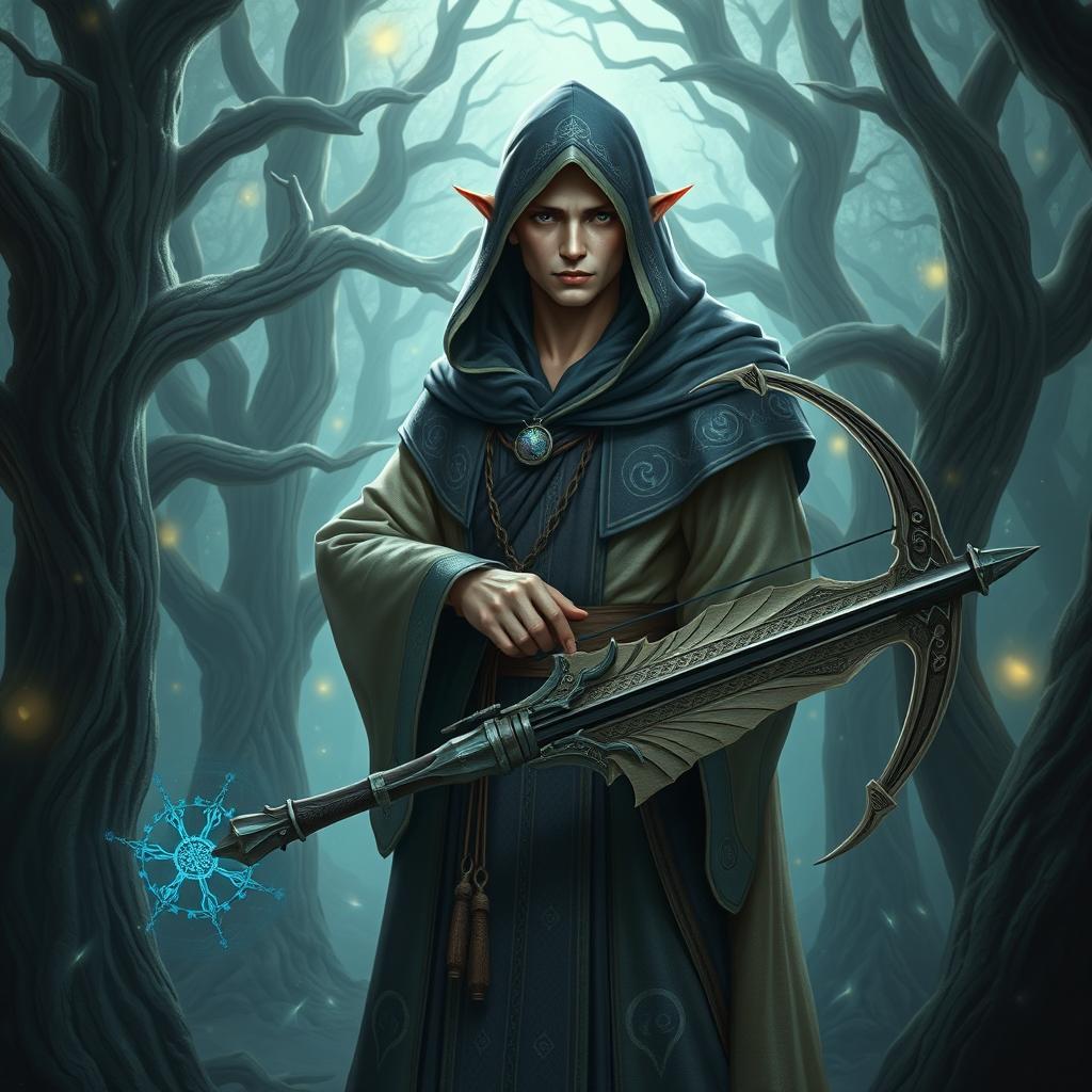 A full-body portrait of a semi-elf wizard of draconic lineage, wearing a long hooded robe adorned with intricate magical symbols